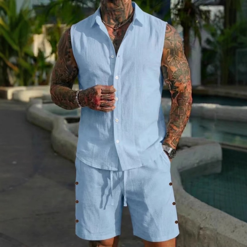 Short Linen Drawstring - طقم رجالي من قطعتين بنسيج كتان