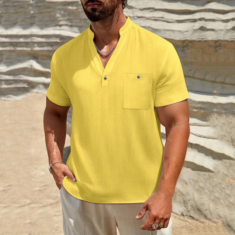 Linen Shirt Breathable - قميص هينلي رجالي من القطن والكتان