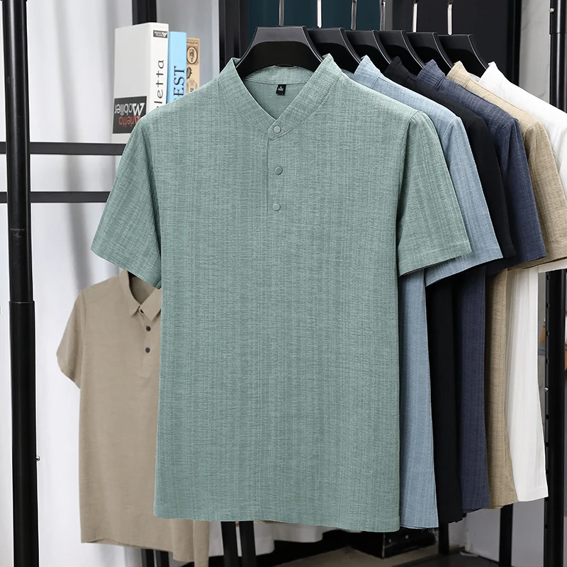 Linen Shirt Breathable - قمصان رجالية بياقة ماندارين وأكمام قصيرة