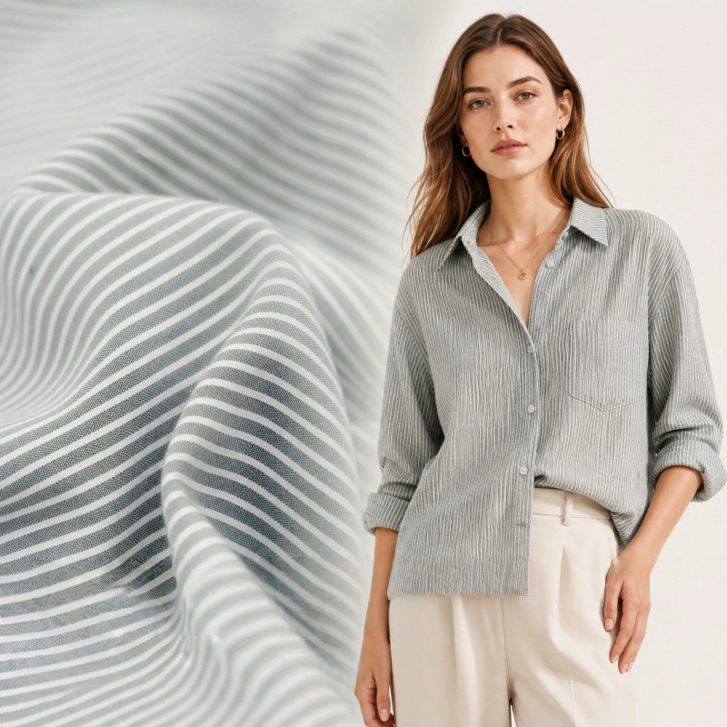 Linen Shirt Breathable - قماش ياباني الطراز رمادي-أبيض مخطط بخطوط