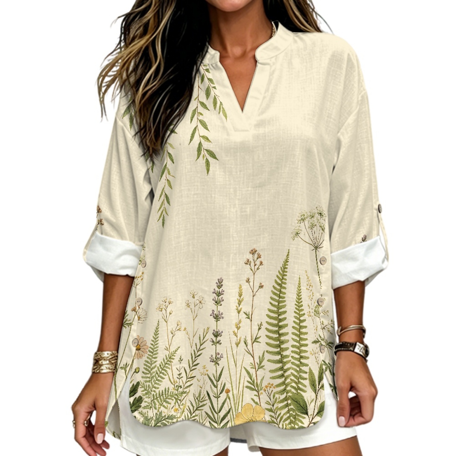 Linen Shirt Breathable - قميص نسائي من الكتان برقبة على