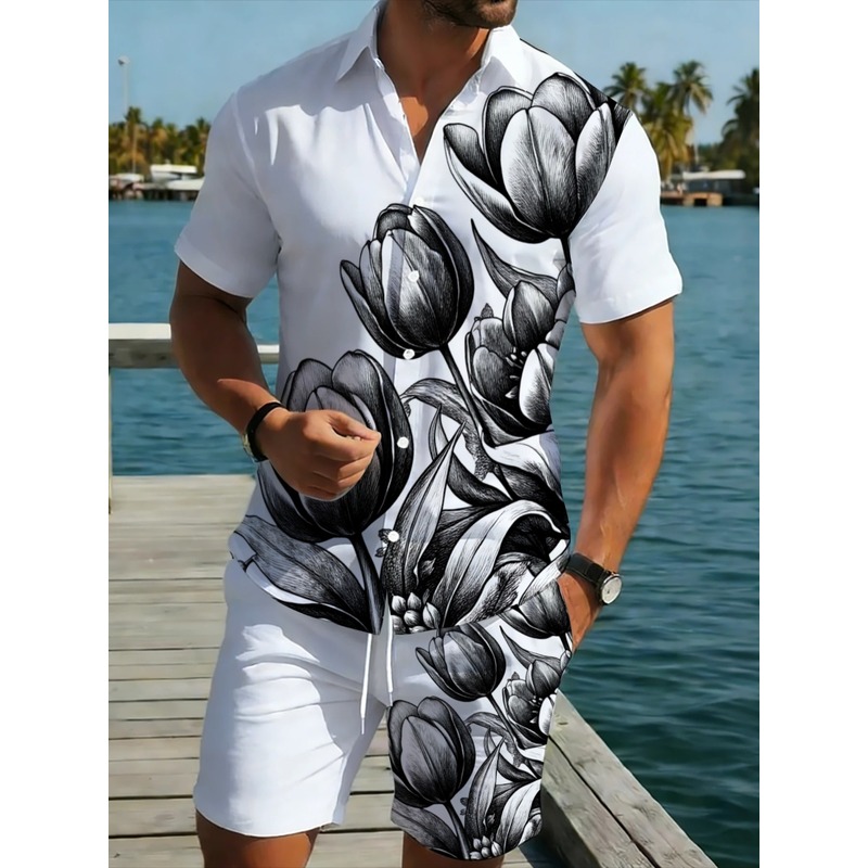 Resort Shirt Floral - طقم قميص وشورت رجالي أبيض مطبوع