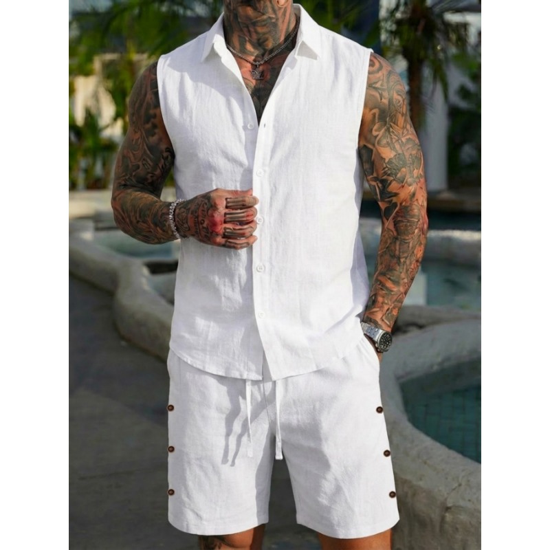 طقم رجالي من قطعتين بنسيج كتان - مراجعة Short Linen Drawstring وسعره