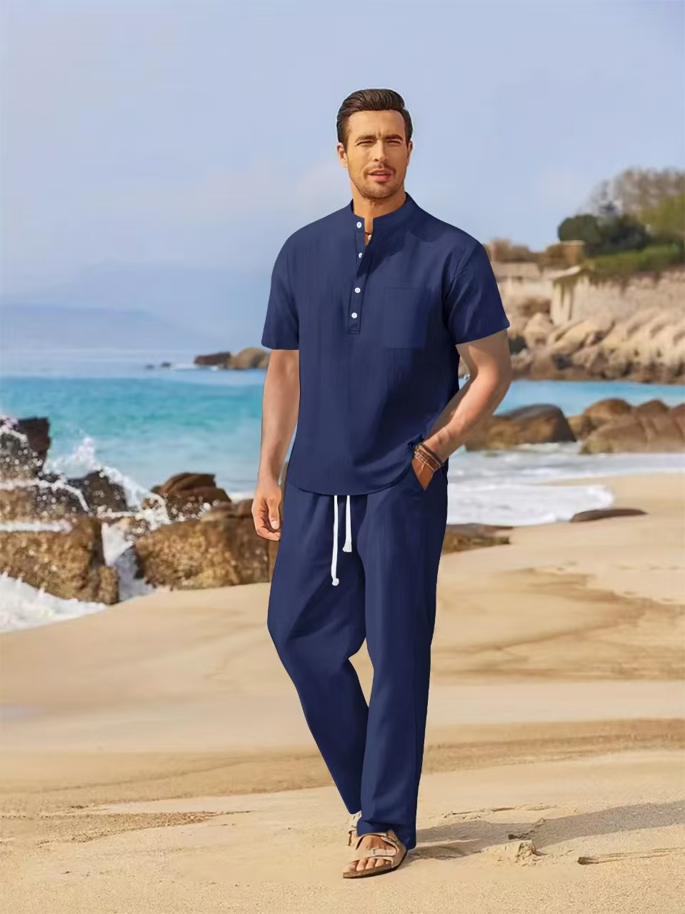 طقم صيفي للرجال من القطن والكت - مراجعة Short Linen Drawstring وسعره