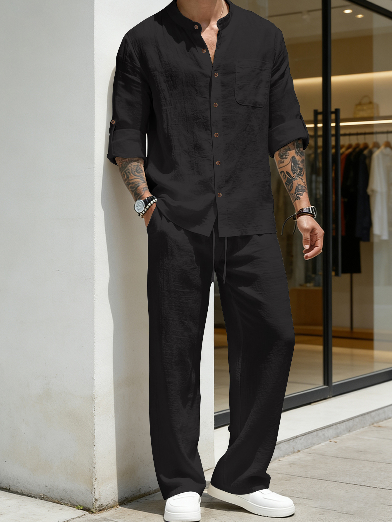 طقم شاطئ رجالي فضفاض من الكتان - مراجعة Linen Shirt Breathable وسعره