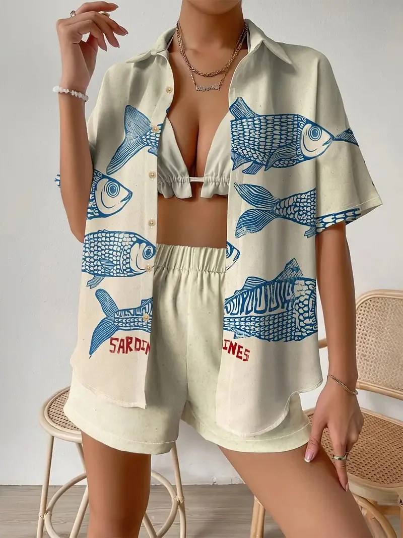 موضة طباعة عطلة الشاطئ 2 قطعة  - مراجعة Shirt Camp Collar وسعره